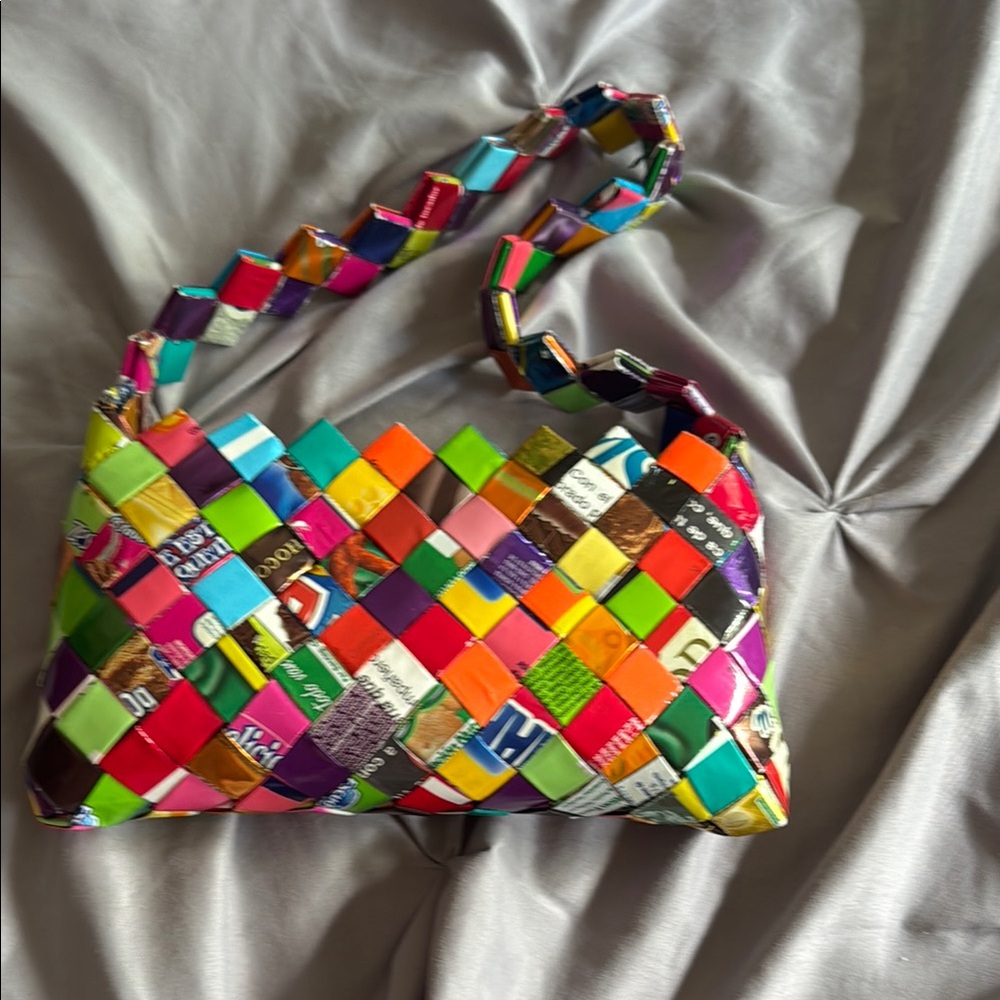 Red and Pink Woven Shoulder Bag with Glossy Finish